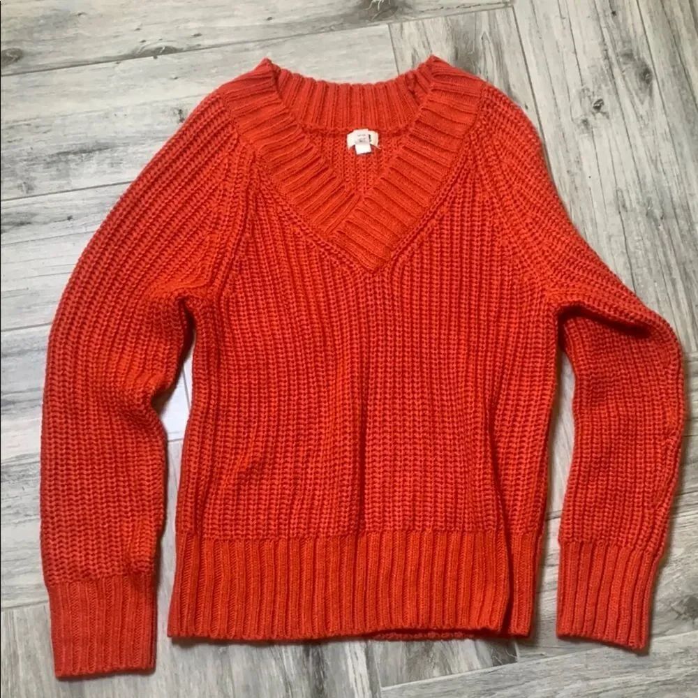 Red Chunky Knit V-Neck Sweater